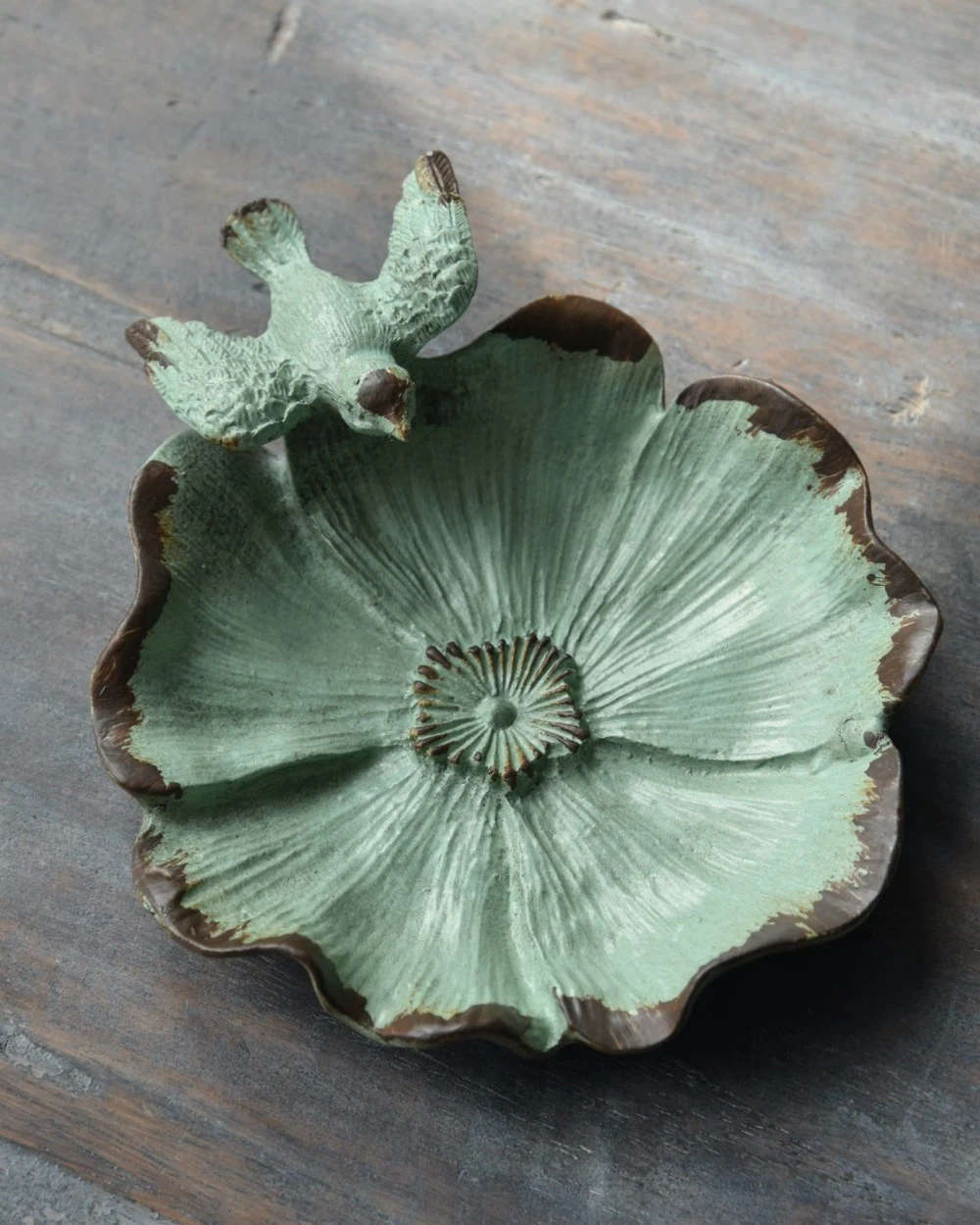 Bloemvorm Antiek Turkoois Schaaltje Met Vogeltje - Afbeelding 2