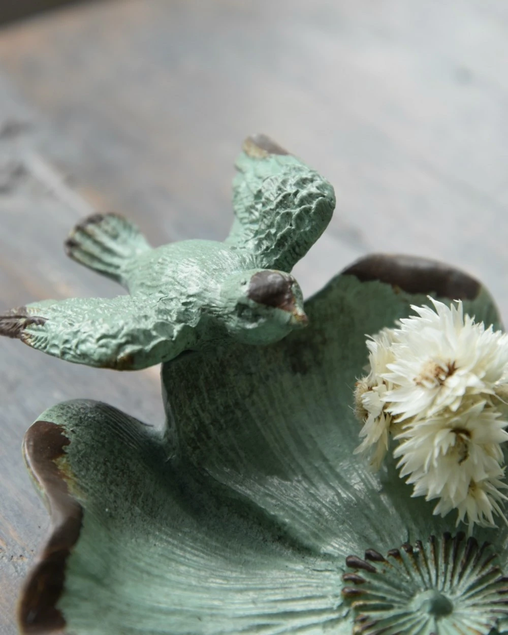 Bloemvorm Antiek Turkoois Schaaltje Met Vogeltje - Afbeelding 3