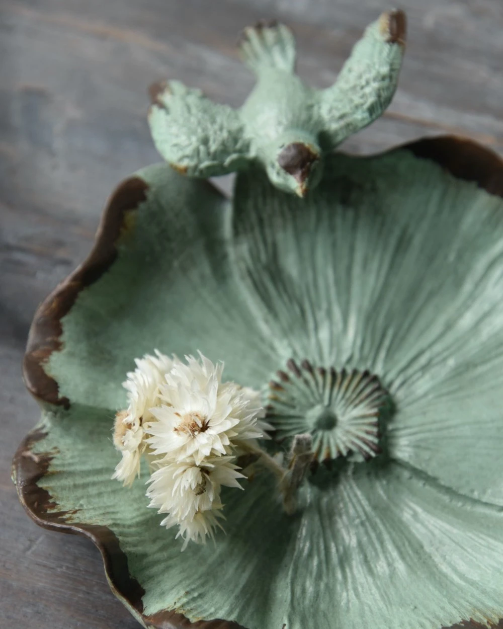 Bloemvorm Antiek Turkoois Schaaltje Met Vogeltje - Afbeelding 4