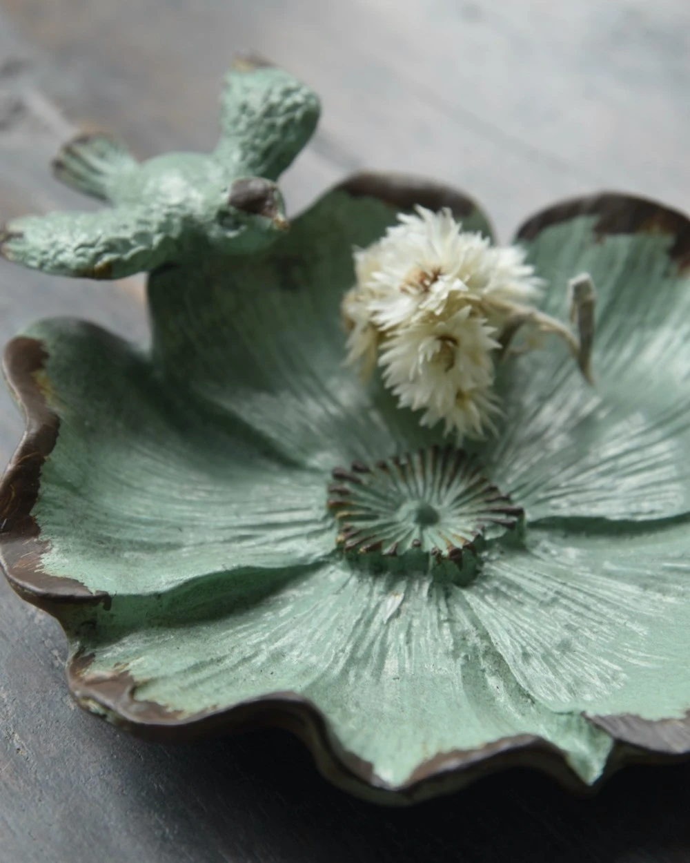 Bloemvorm Antiek Turkoois Schaaltje Met Vogeltje - Afbeelding 6