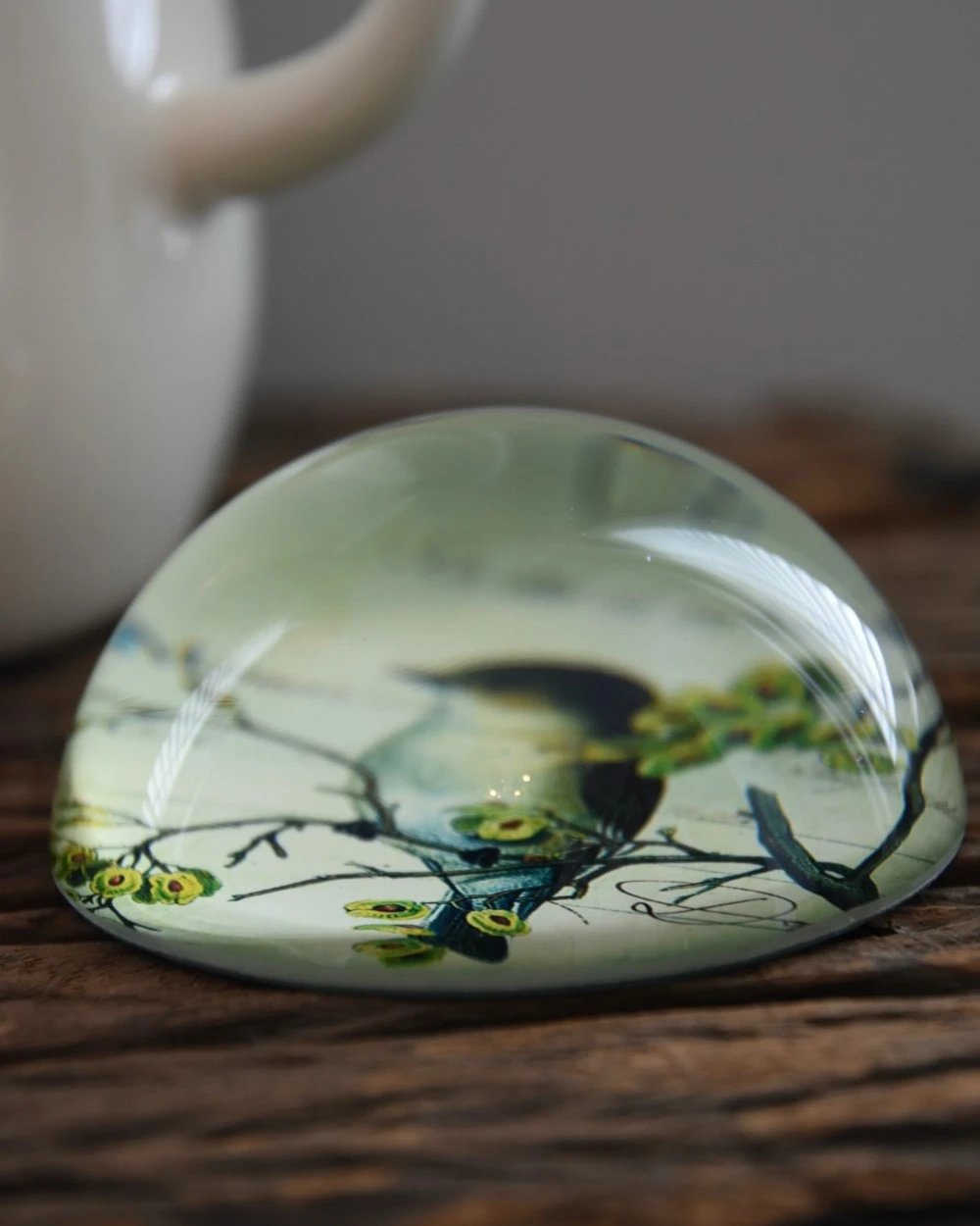 Brocante Glazen Halve Bol Vogel Op Tak, Groot - Afbeelding 2