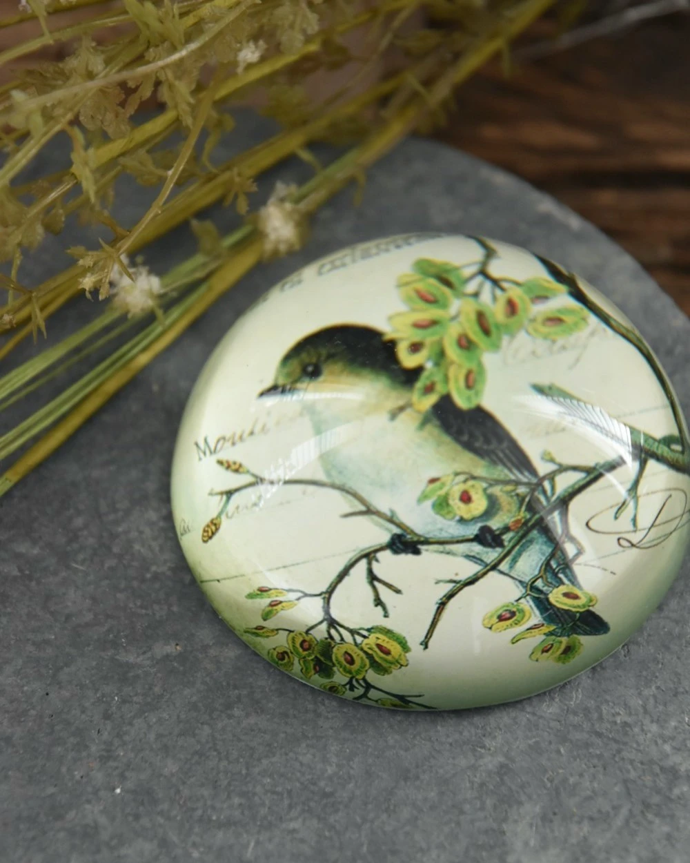 Brocante Glazen Halve Bol Vogel Op Tak, Groot - Afbeelding 3