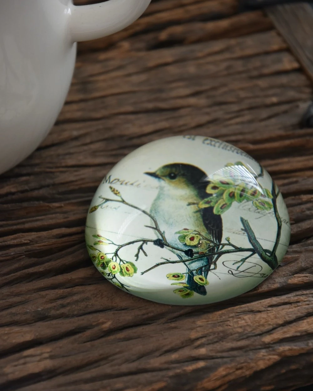 Brocante Glazen Halve Bol Vogel Op Tak, Groot - Afbeelding 4