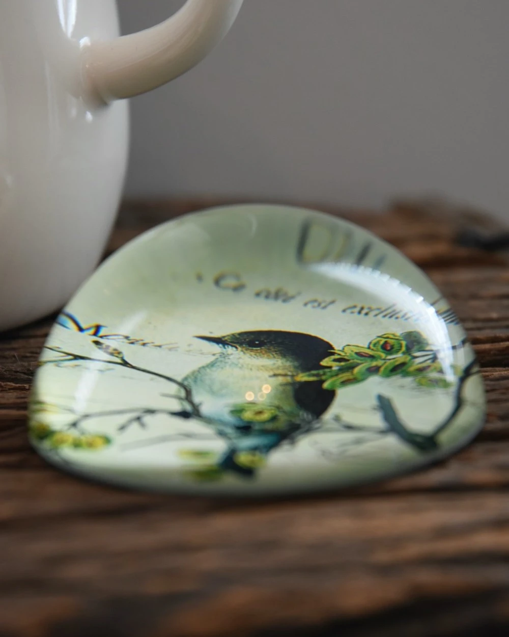 Brocante Glazen Halve Bol Vogel Op Tak, Groot - Afbeelding 5