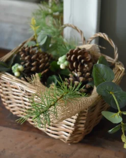 Rieten Mand Gevuld Met Groen En Dennenappels