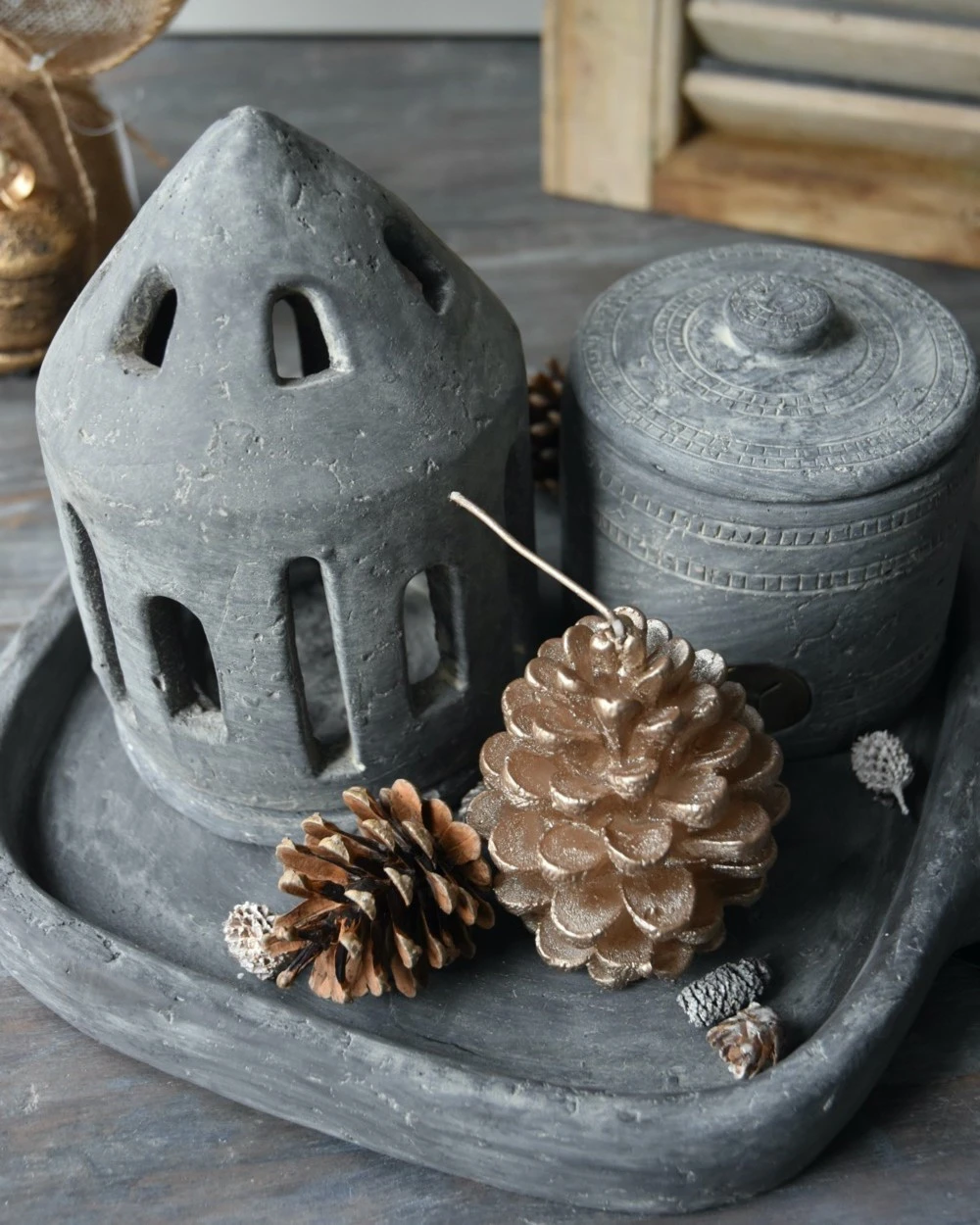 Theelicht Houder Huis Rond Vintage Grijs Groot, Brynxz - Afbeelding 5